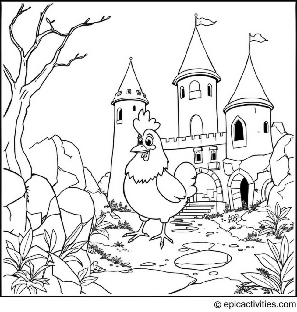 Coloring page of a Cute Cartoon Chicken Exploring an Ancient Castle