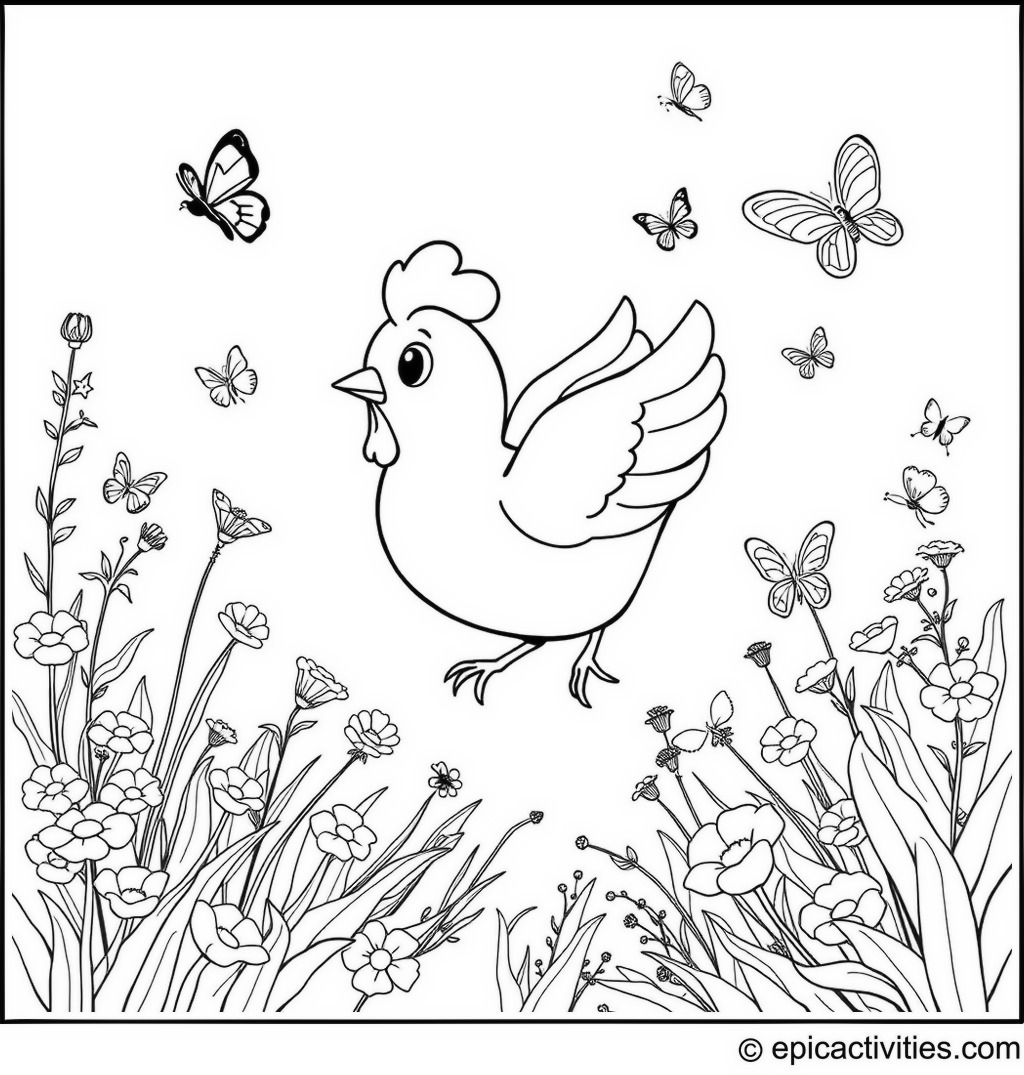 Coloring page of a Cute Cartoon Chicken Flying in an Enchanted Garden with Butterflies and Fairies