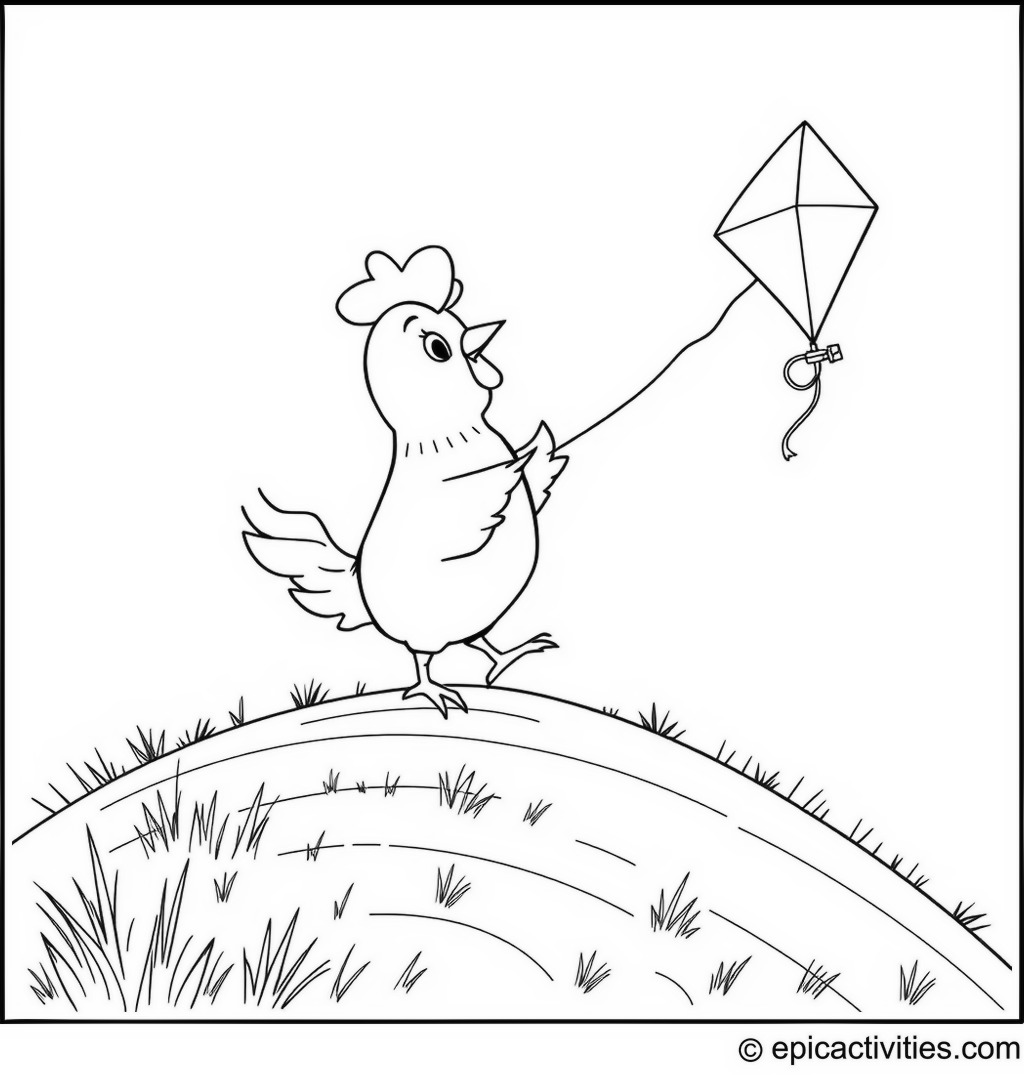 Coloring page of a Cute Cartoon Chicken Flying a Dragon Kite