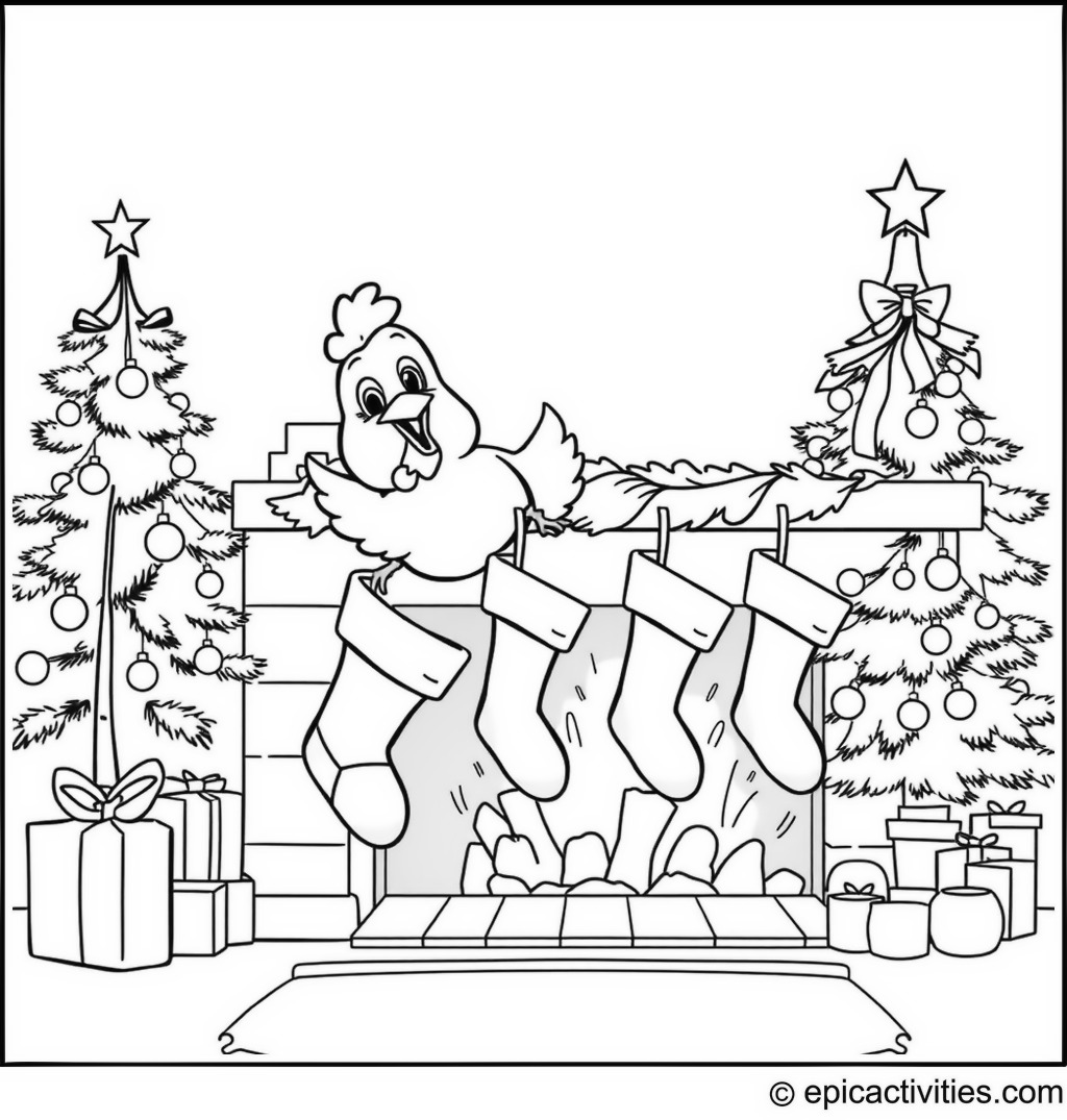 Coloring page of a cute cartoon chicken hanging Christmas stockings on a fireplace with a decorated tree in the background