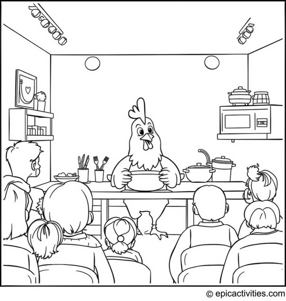 Coloring page of a Cute Cartoon Chicken Hosting a Cooking Show