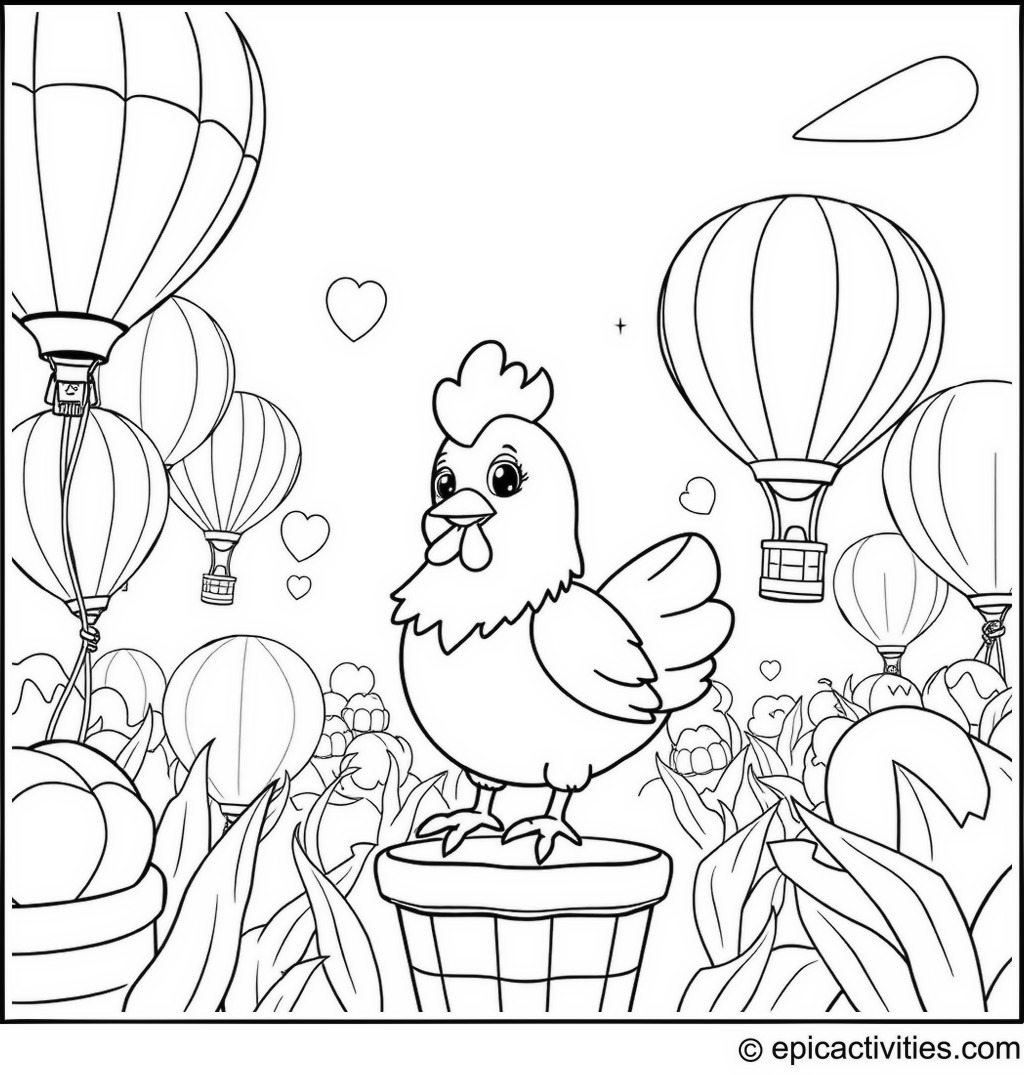 Coloring page of a Cute Cartoon Chicken in a Hot Air Balloon Festival