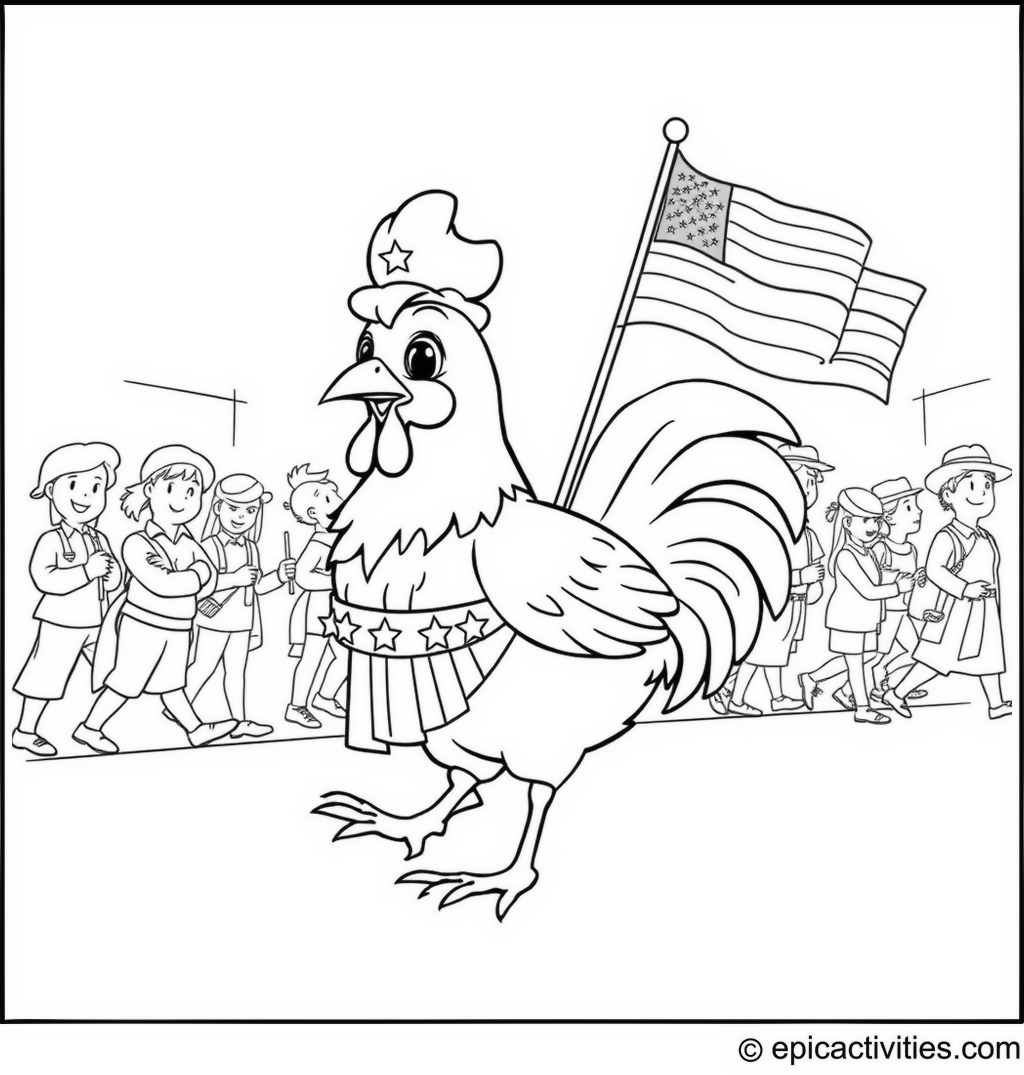 Coloring page of a cute cartoon chicken leading a patriotic parade