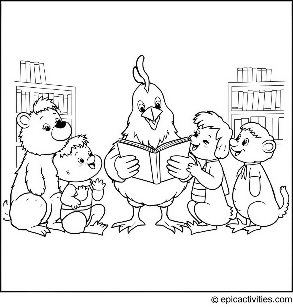 Coloring page of a Cute Cartoon Chicken Librarian Reading to Animal Children