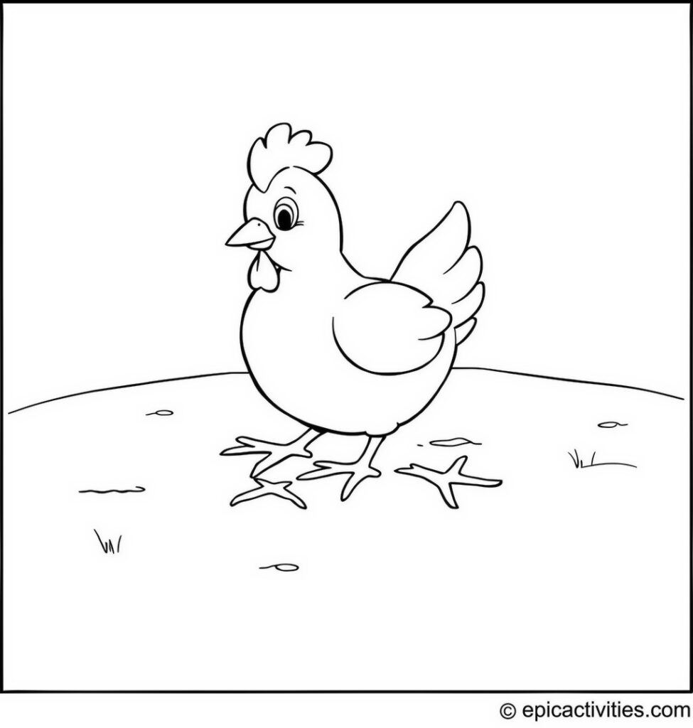 Coloring page of a cute cartoon chicken making snow angels on a snowy field