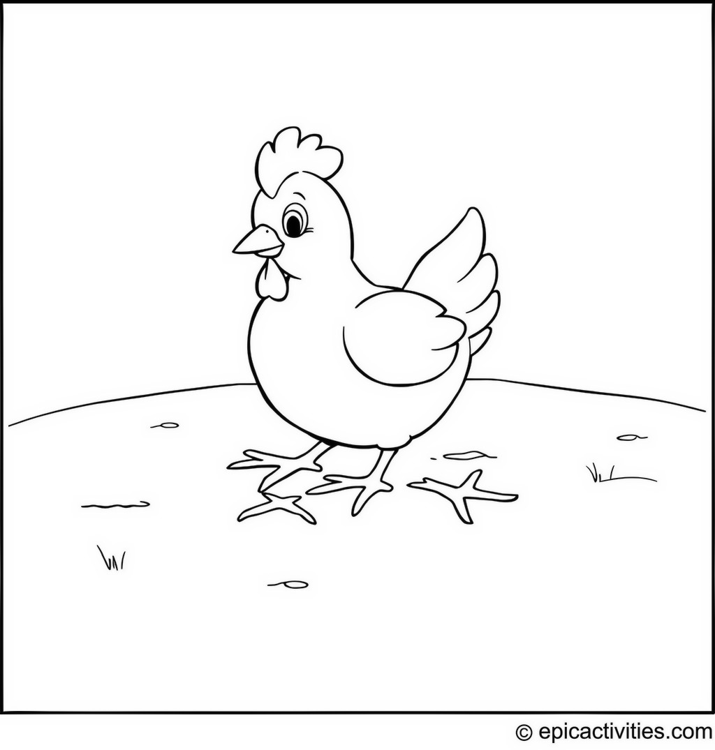 Coloring page of a cute cartoon chicken making snow angels on a snowy field