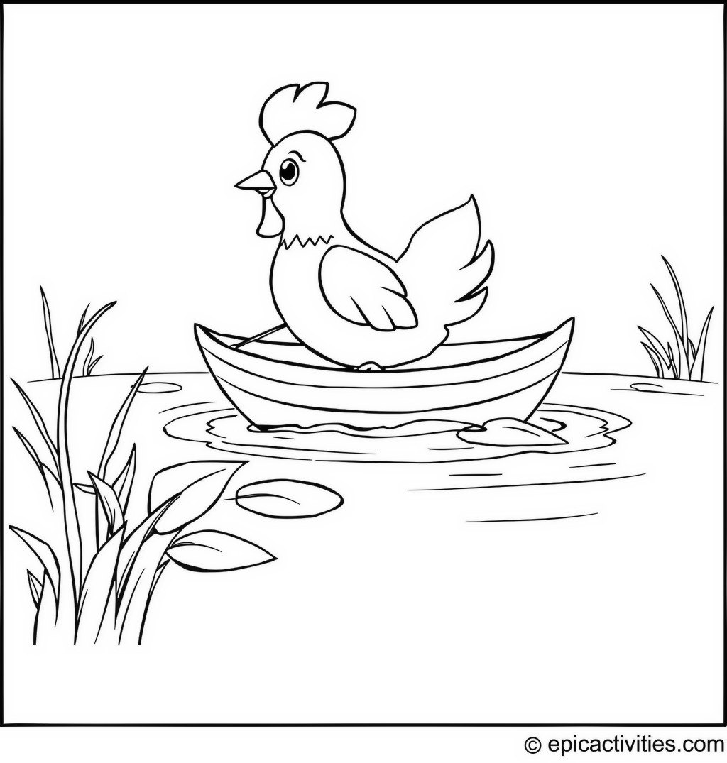 Coloring page of a Cute Cartoon Chicken Navigating a Leaf Boat Across a Pond