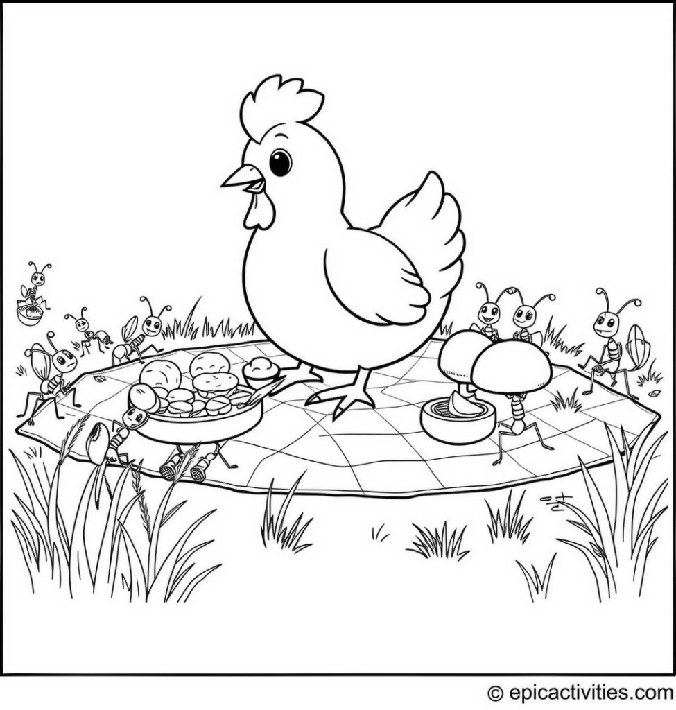 Coloring page of a Cute Cartoon Chicken on a Picnic Blanket with Ants Carrying Food