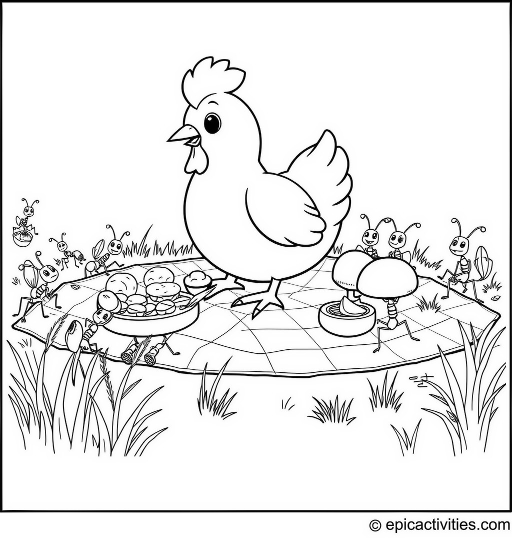 Coloring page of a Cute Cartoon Chicken on a Picnic Blanket with Ants Carrying Food