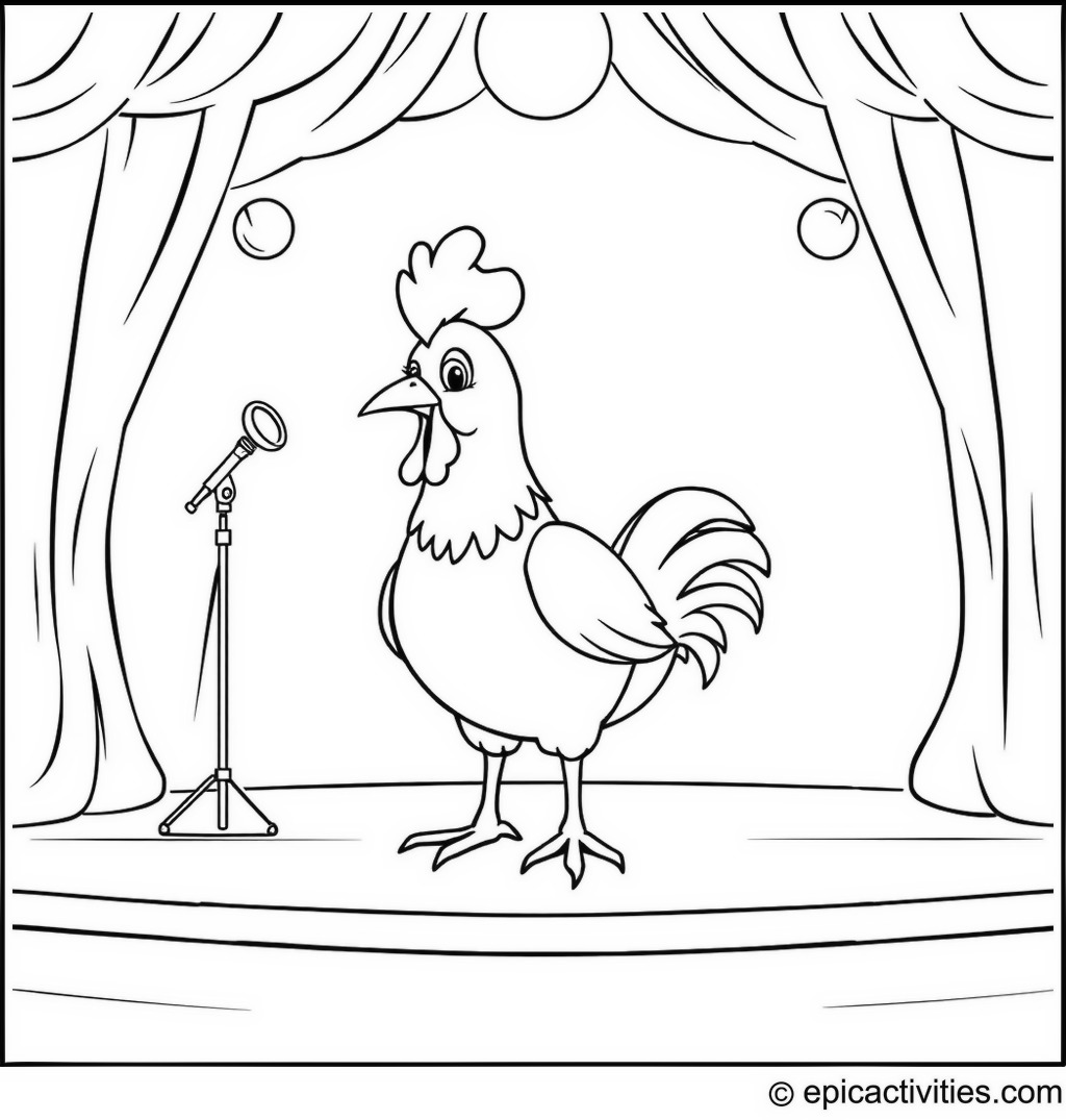 Coloring page of a cute cartoon chicken performing at a talent show on a brightly lit stage
