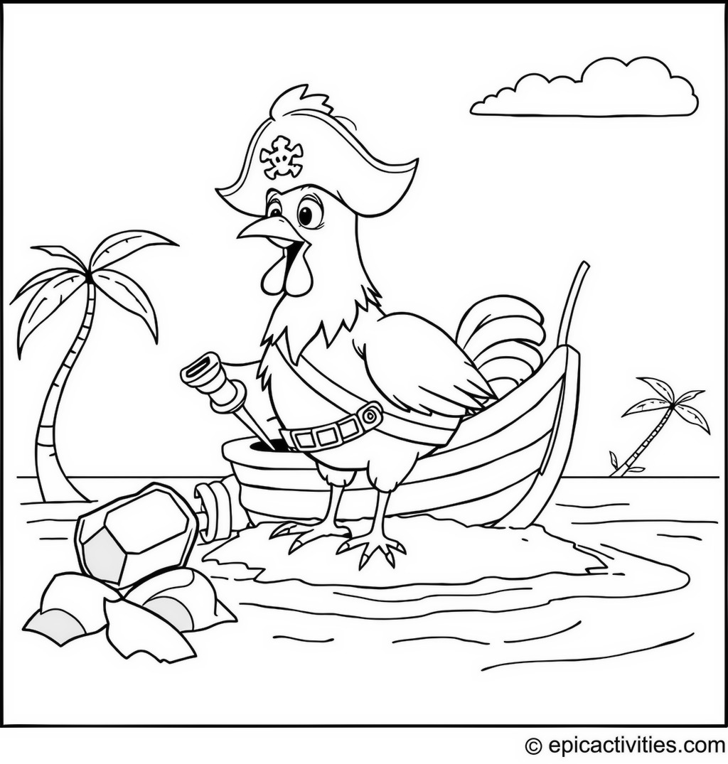 Coloring page of a Cute Cartoon Chicken Pirate on a Treasure Hunt on an Island