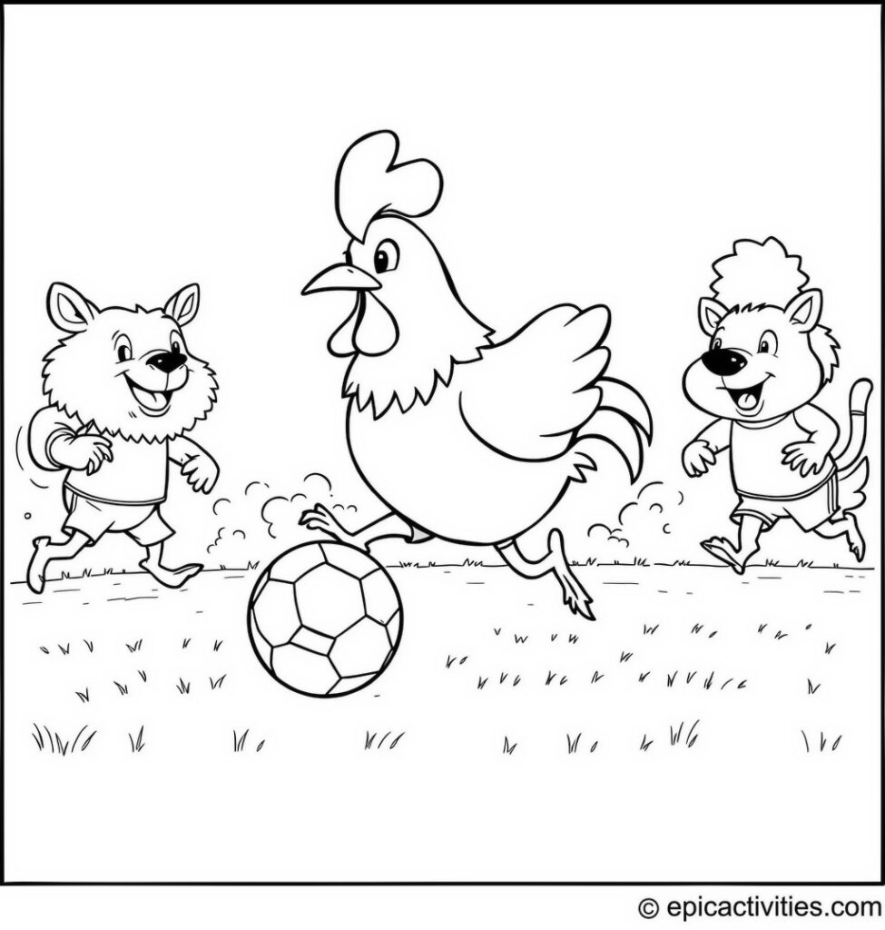 Coloring page of a Cute Cartoon Chicken Playing Soccer with Animal Teammates
