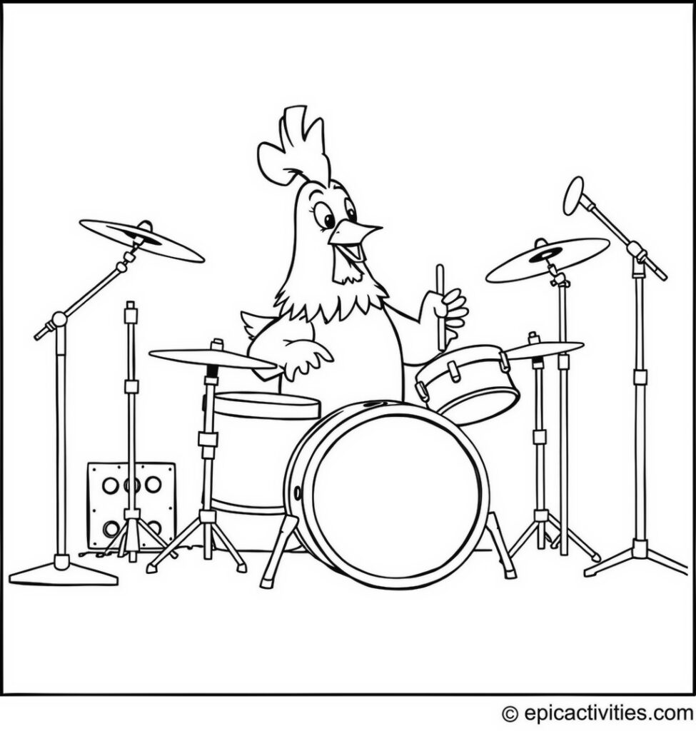 Coloring page of a Cute Cartoon Chicken Playing the Drums in an Animal Rock Band
