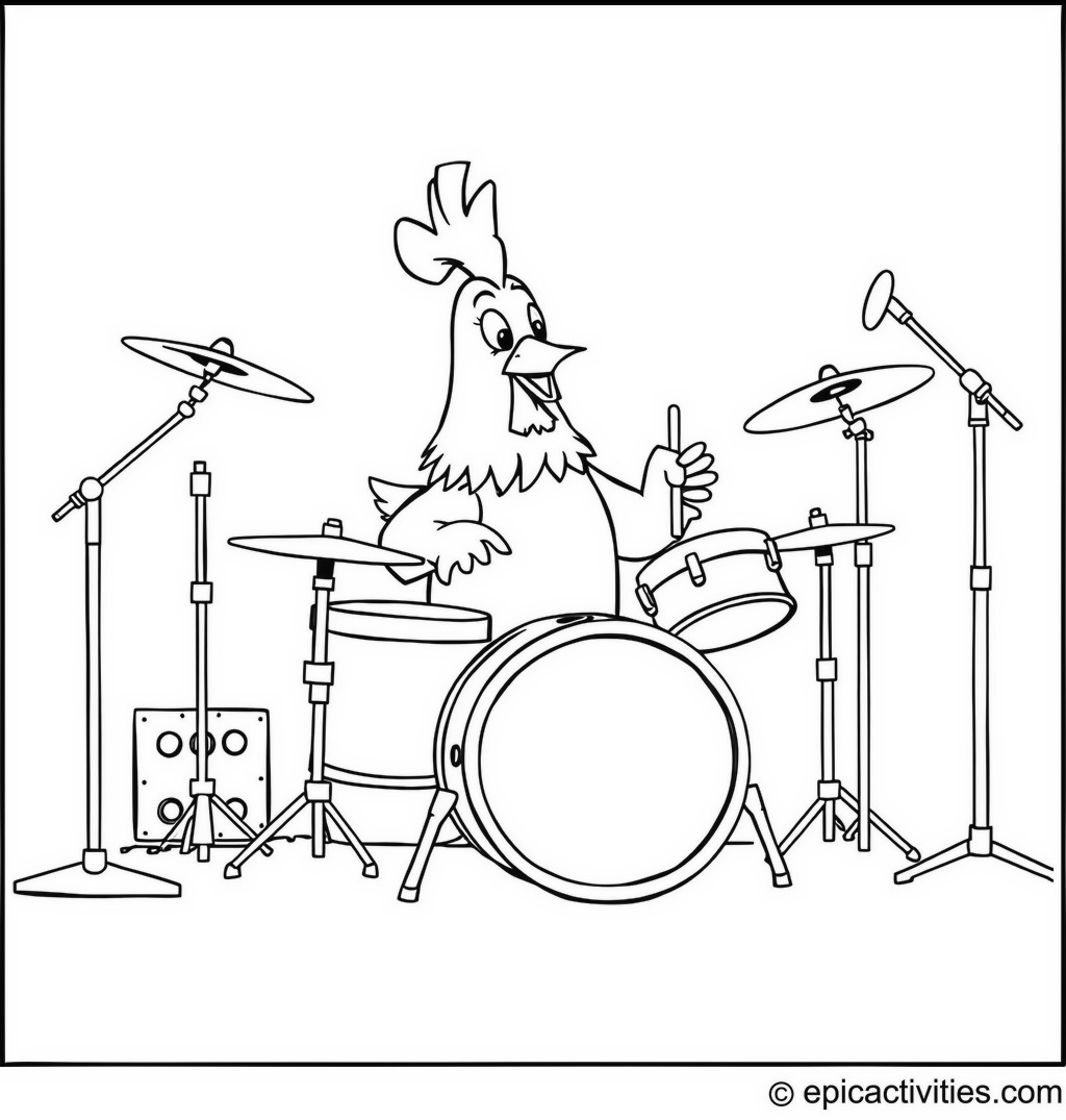 Coloring page of a Cute Cartoon Chicken Playing the Drums in an Animal Rock Band