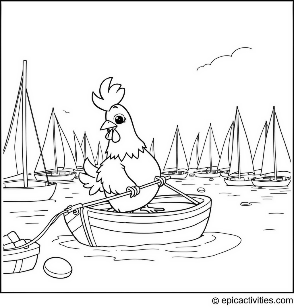 Coloring page of a Cute Cartoon Chicken Preparing for a Boat Race in a Harbor
