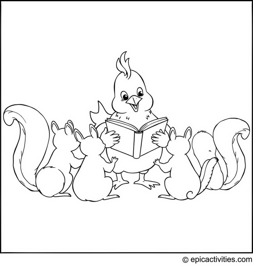 Coloring page of a Cute Cartoon Chicken Reading to Squirrels