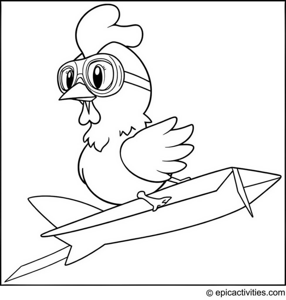 Coloring page of a cute cartoon chicken riding a paper airplane with aviator goggles