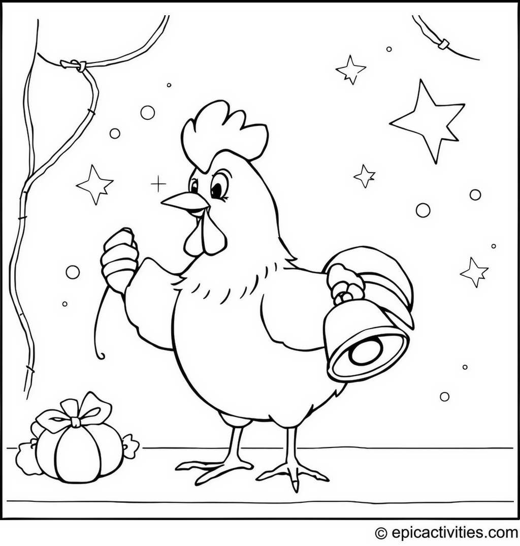 Coloring page of a Cute Cartoon Chicken Ringing Bells on New Year’s Eve Party