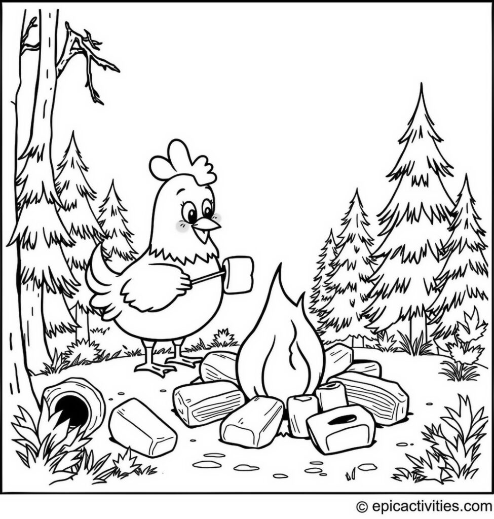 Coloring page of a Cute Cartoon Chicken Roasting Marshmallows in the Forest