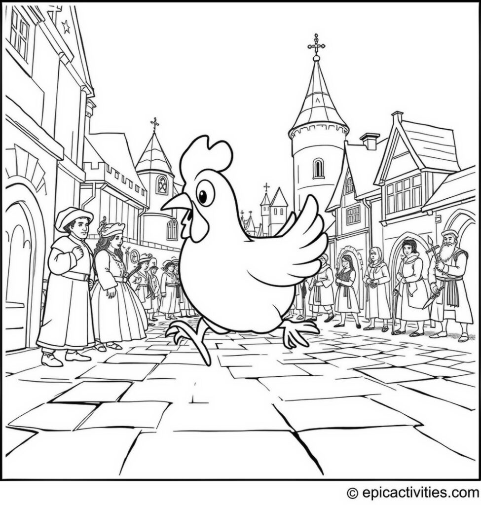 Coloring page of a cute cartoon chicken running through a medieval town square