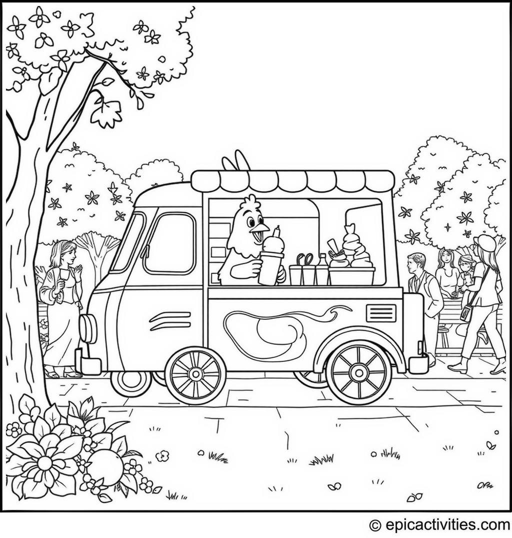 Coloring page of a cute cartoon chicken selling ice cream from a vintage truck in a park