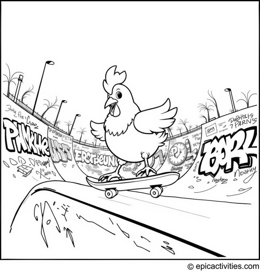 Coloring page of a cute cartoon chicken skateboarding at a graffiti-covered skate park