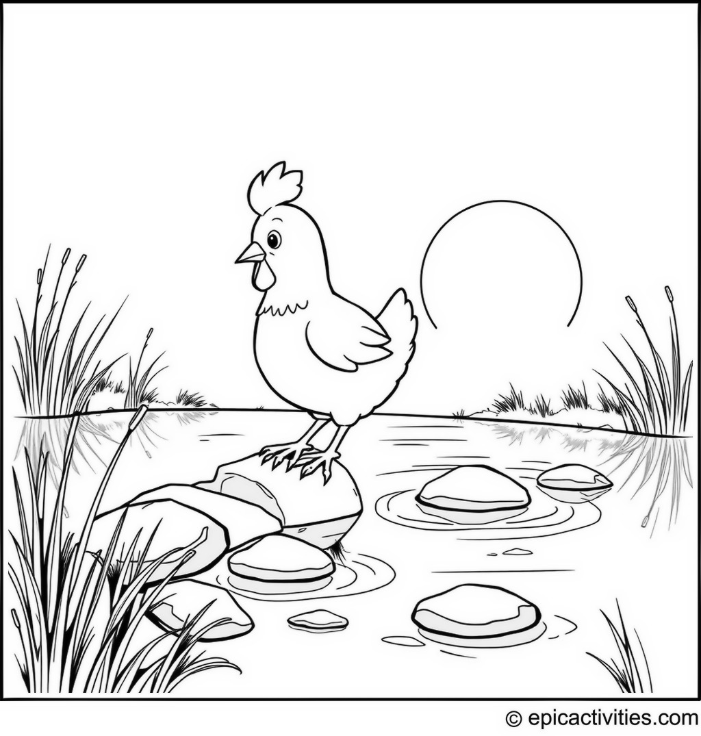 Coloring page of a Cute Cartoon Chicken Skipping Stones at Sunset