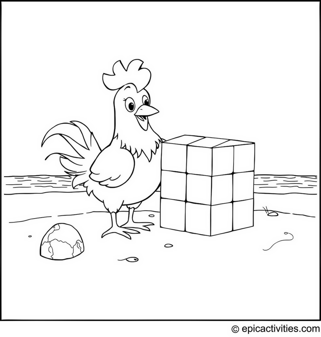 Coloring page of a Cute Cartoon Chicken Solving a Giant Magic Cube Puzzle on the Beach