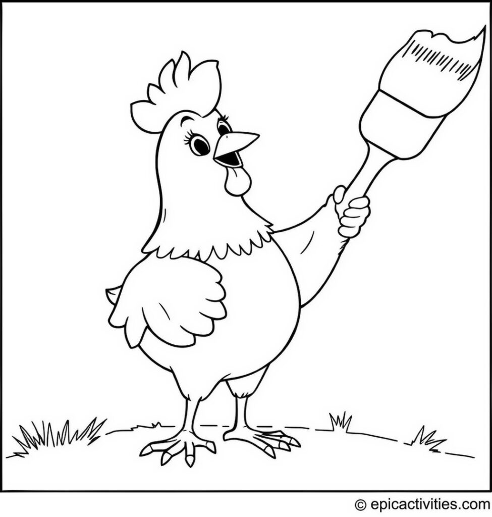 Coloring page of a cute cartoon chicken using a giant paintbrush to color the sky