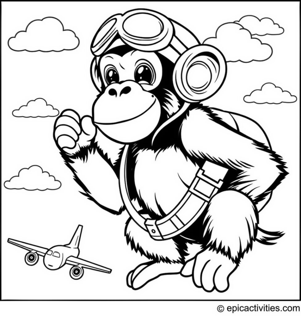 Coloring page of a Cute Cartoon Chimpanzee Pretending to be a Pilot