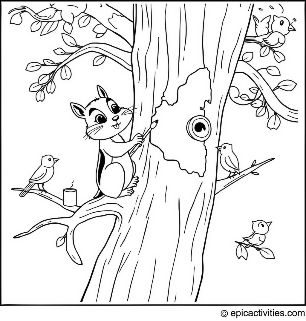 Coloring page of a Cute Cartoon Chipmunk Painting a Mural