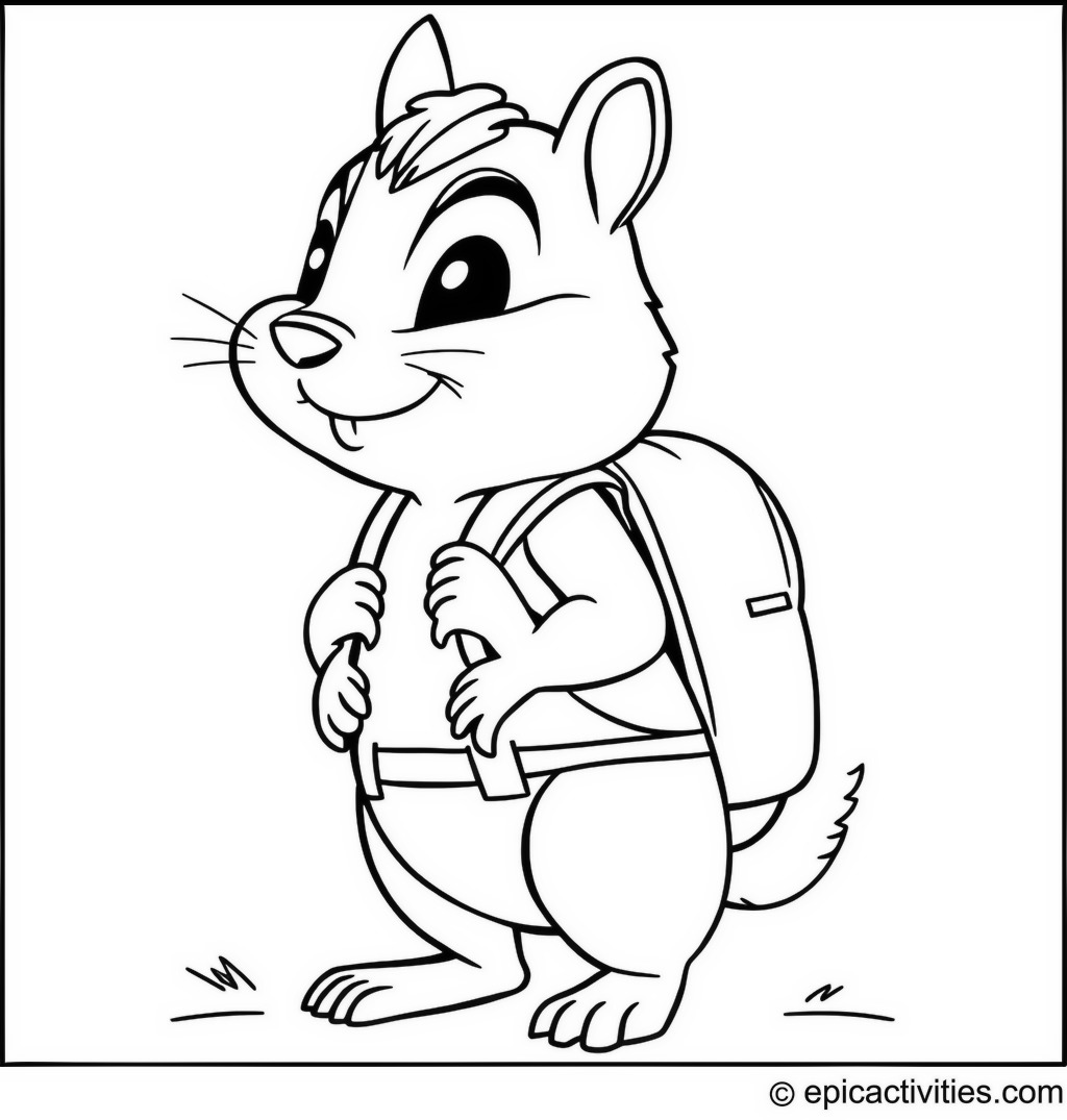 Coloring page of a Cute Cartoon Chipmunk with a Backpack Ready for Adventure