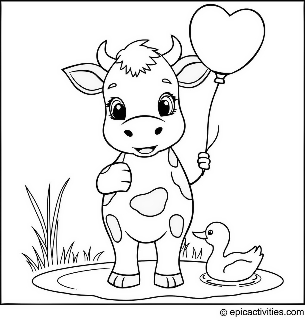 Coloring page of a cute cartoon cow holding a balloon next to a pond with a duck
