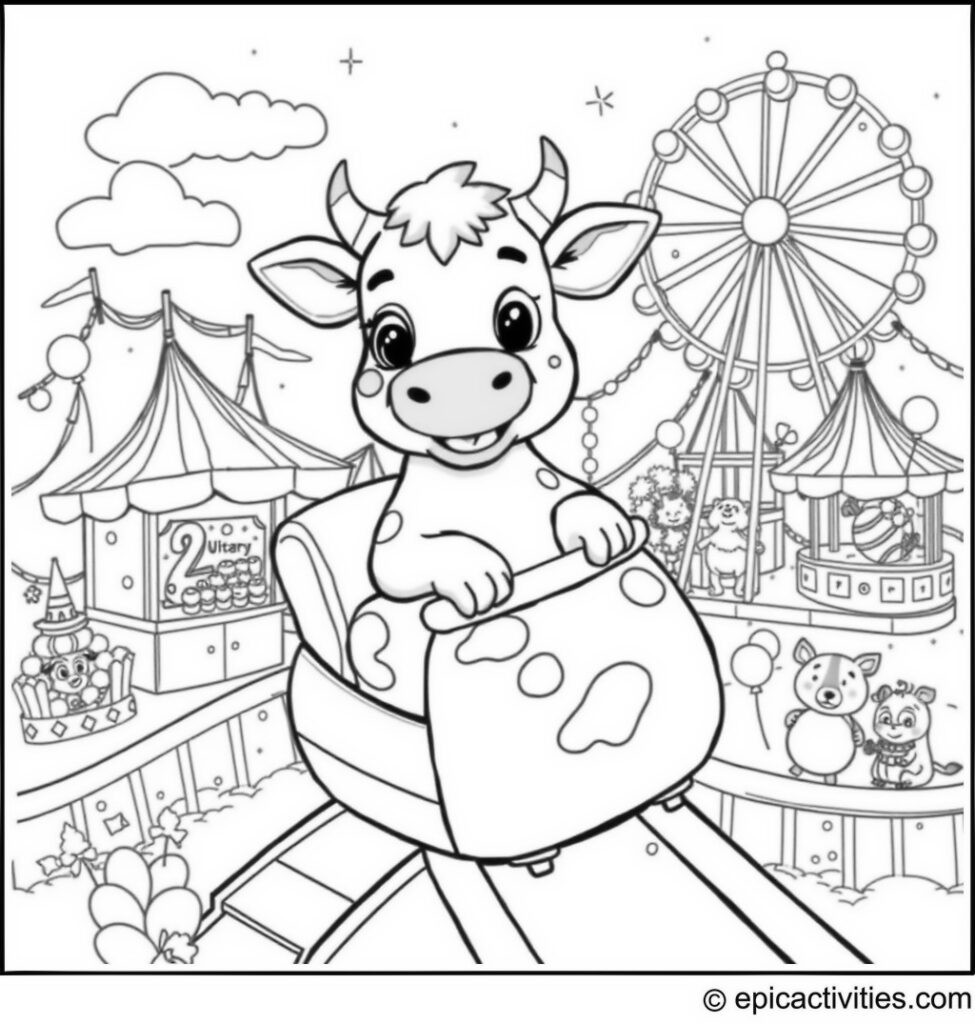 Coloring page of a Cute Cartoon Cow Riding a Rollercoaster at a Funfair