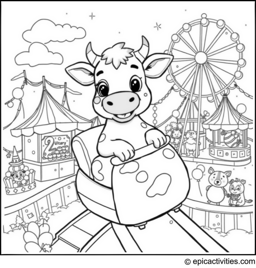 Coloring page of a Cute Cartoon Cow Riding a Rollercoaster at a Funfair