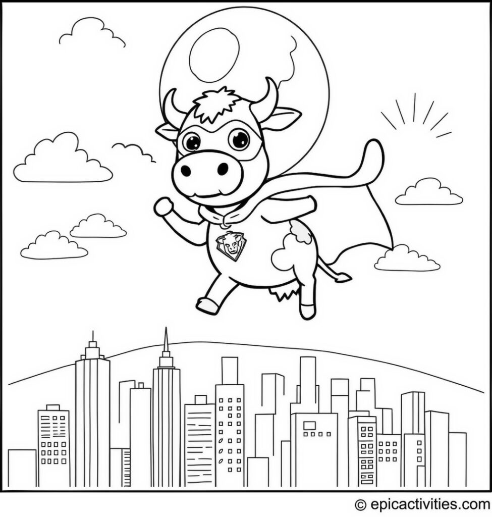 Coloring page of a Cute Cartoon Cow Superhero Flying Over the City