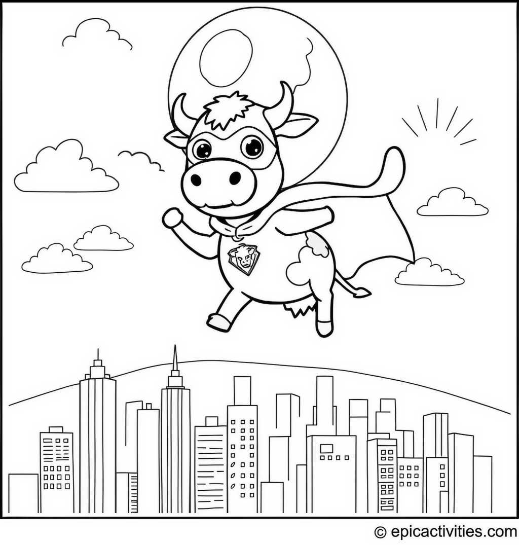Coloring page of a Cute Cartoon Cow Superhero Flying Over the City