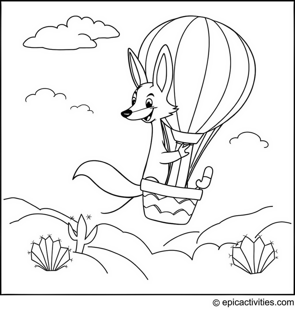 Coloring page of a Cute Cartoon Coyote Flying a Hot Air Balloon Shaped like a Cactus in a Whimsical Desert Sky