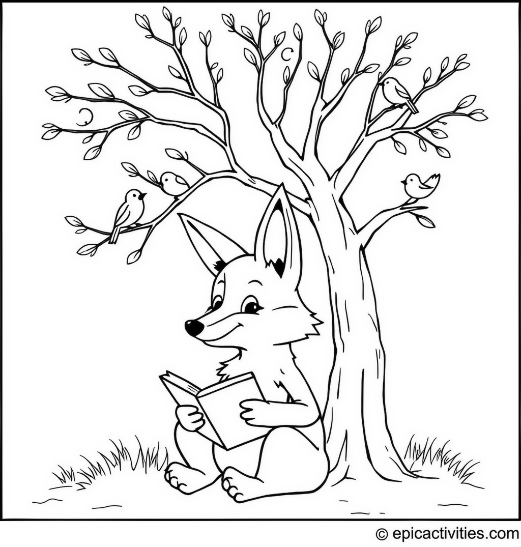 Coloring page of a Cute Cartoon Coyote Reading Under a Tree