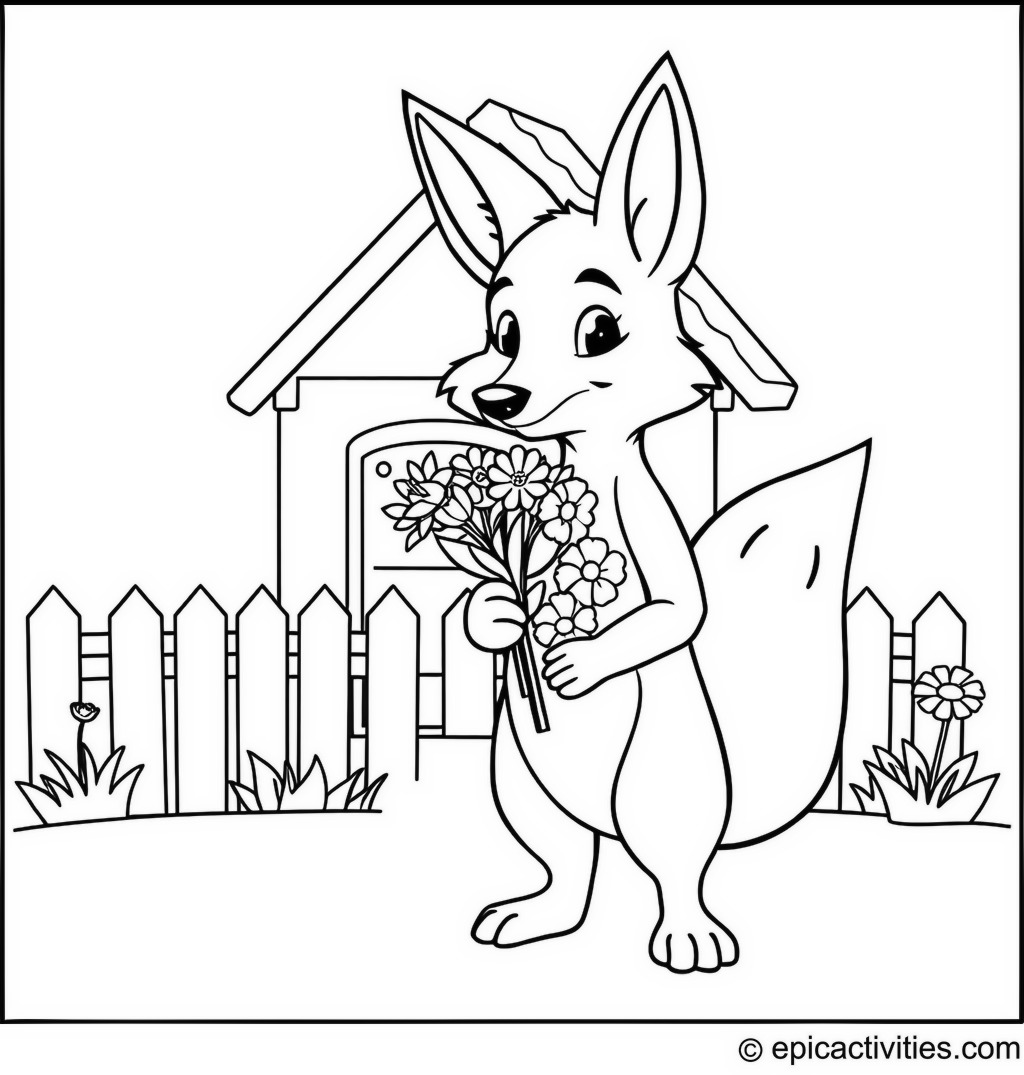 Coloring page of a Cute Cartoon Coyote with Flowers Bouquet