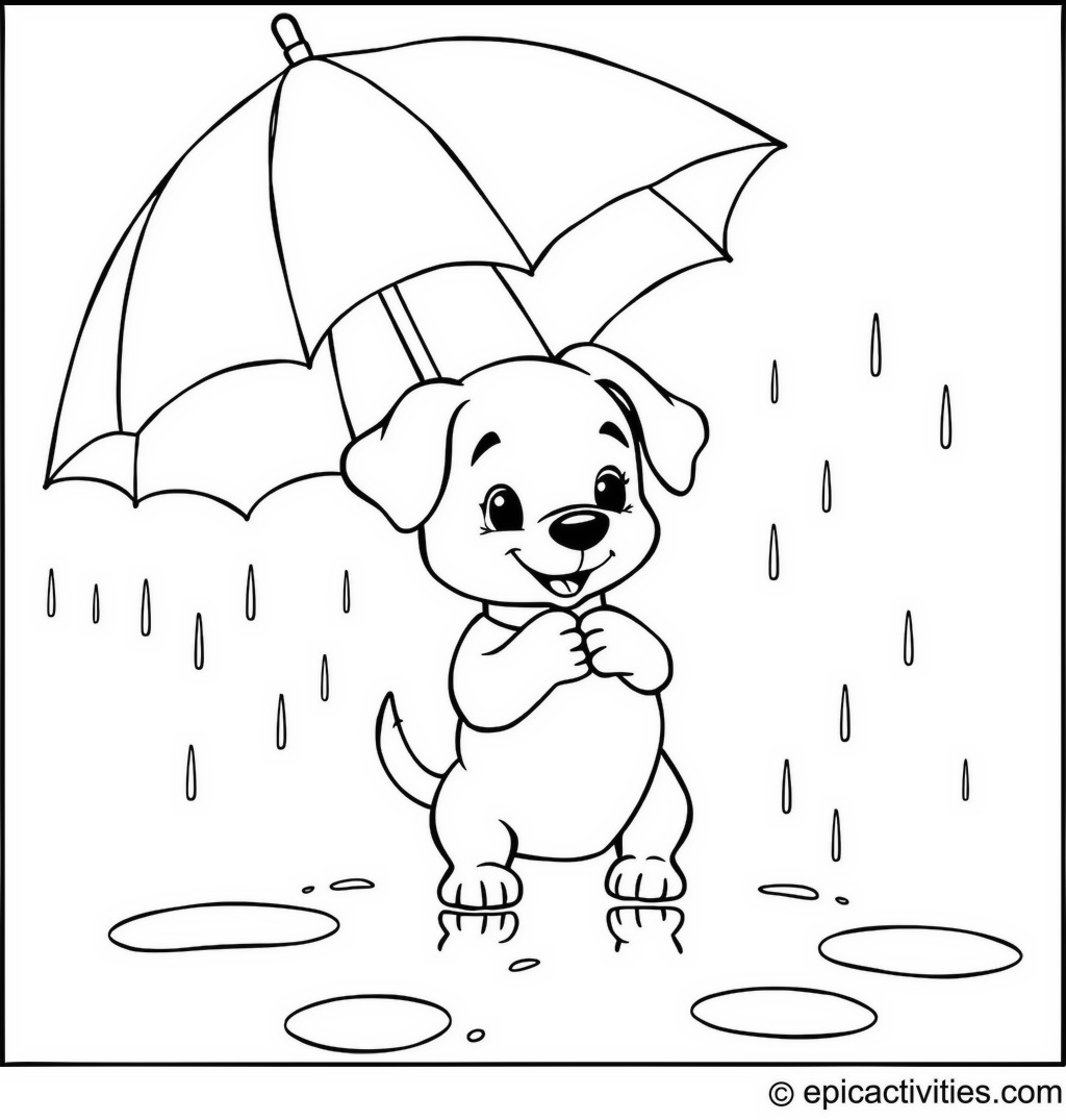 Coloring page of a cute cartoon dog holding an umbrella in the rain with puddles and raindrops