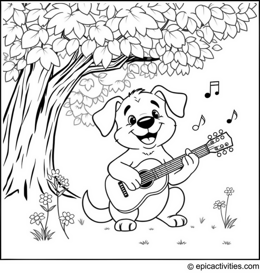 Coloring page of a Cute Cartoon Dog Playing Guitar Under a Shady Tree