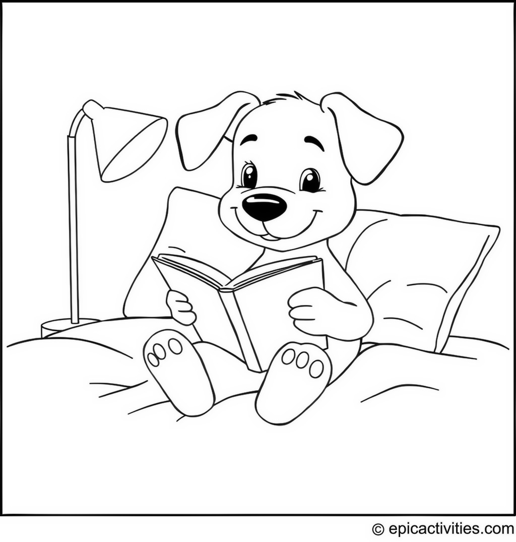 Coloring page of a Cute Cartoon Dog Reading a Bedtime Story