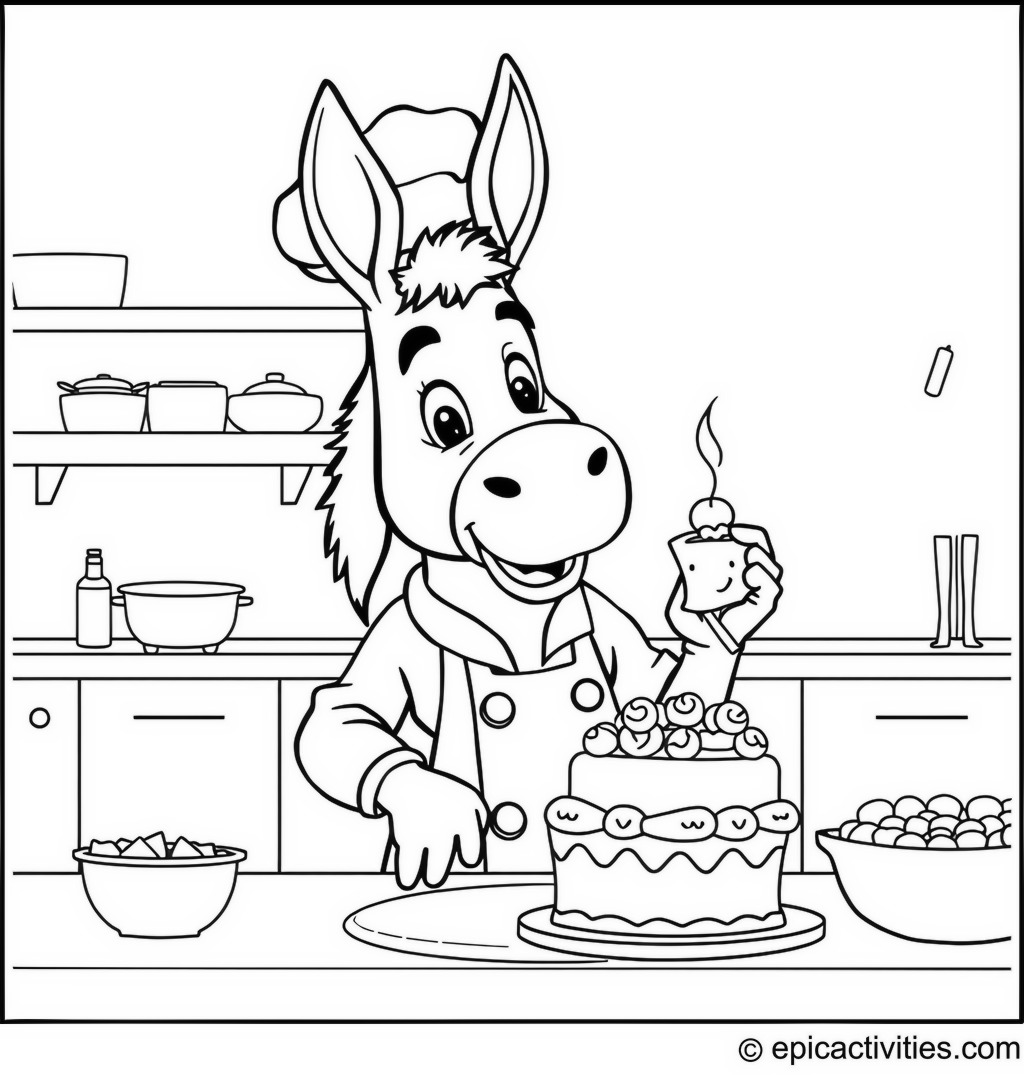 Coloring page of a Cute Cartoon Donkey Chef Baking a Cake in a Kitchen