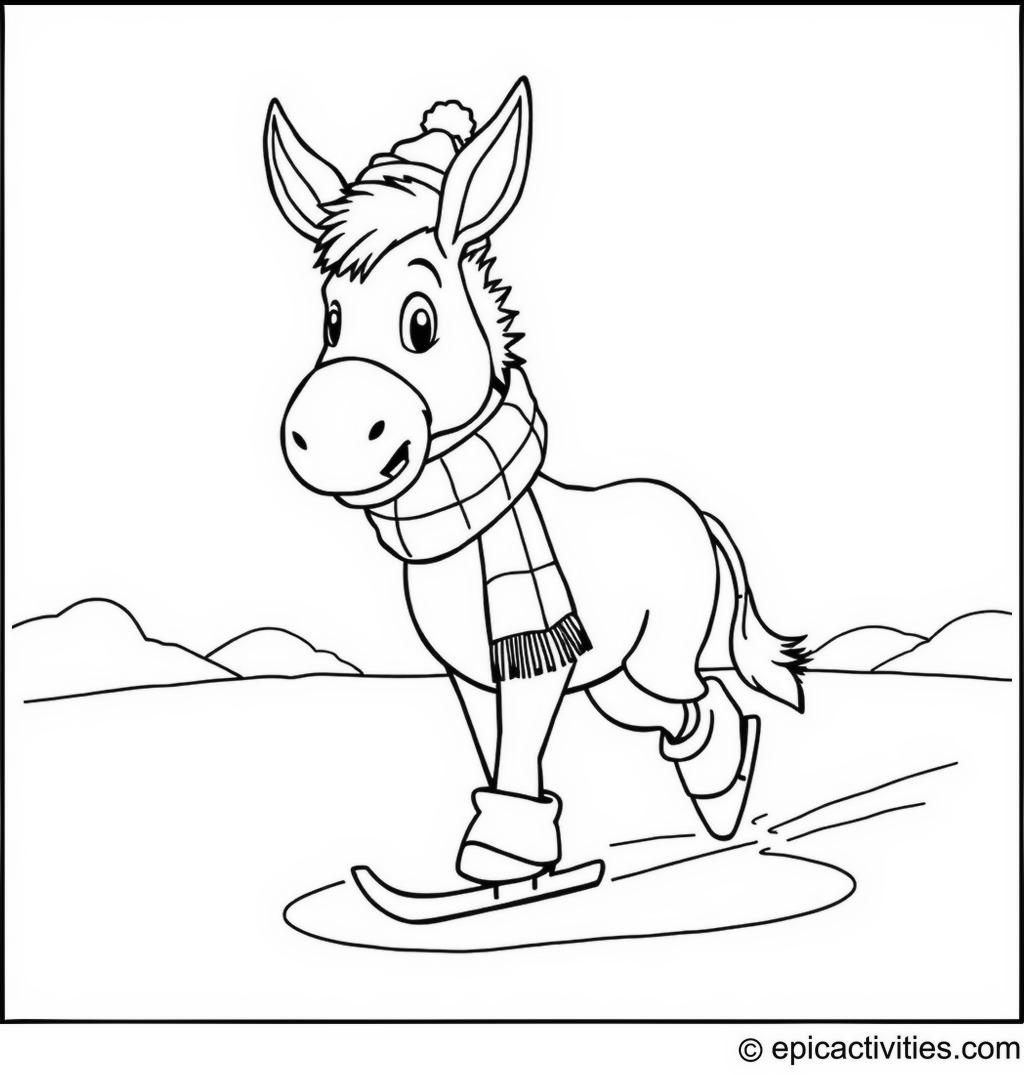 Coloring page of a cute cartoon donkey ice skating