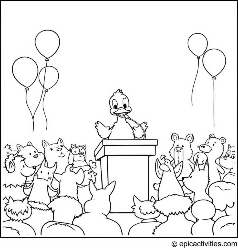 Coloring page of a Cute Cartoon Duck Delivering a Speech