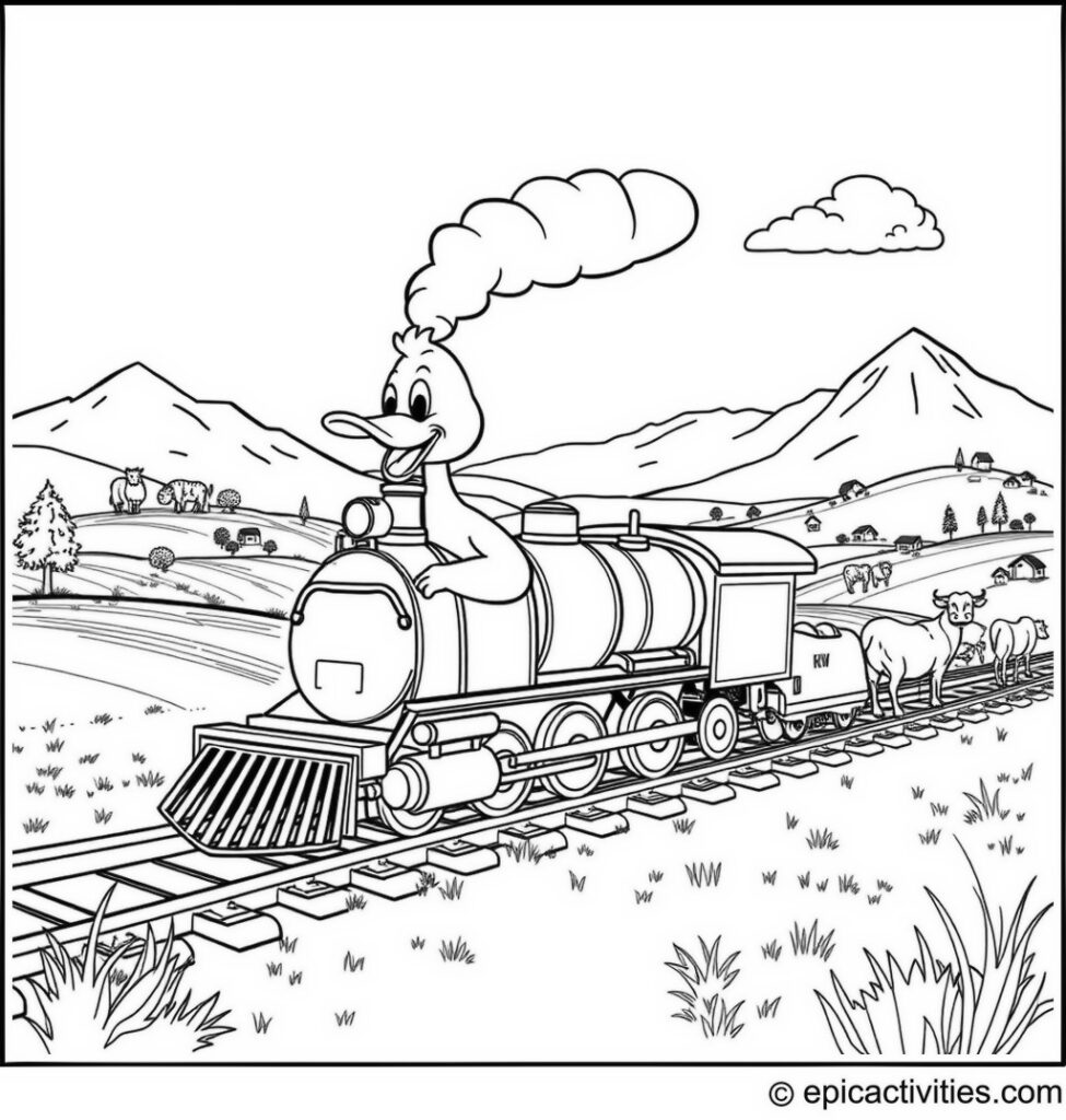 Coloring page of a Cute Cartoon Duck Driving a Steam Train Through Countryside