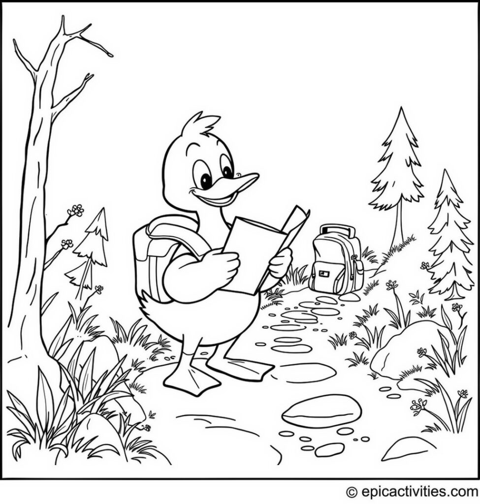Coloring Page of a Cute Cartoon Duck Exploring with a Map in Nature