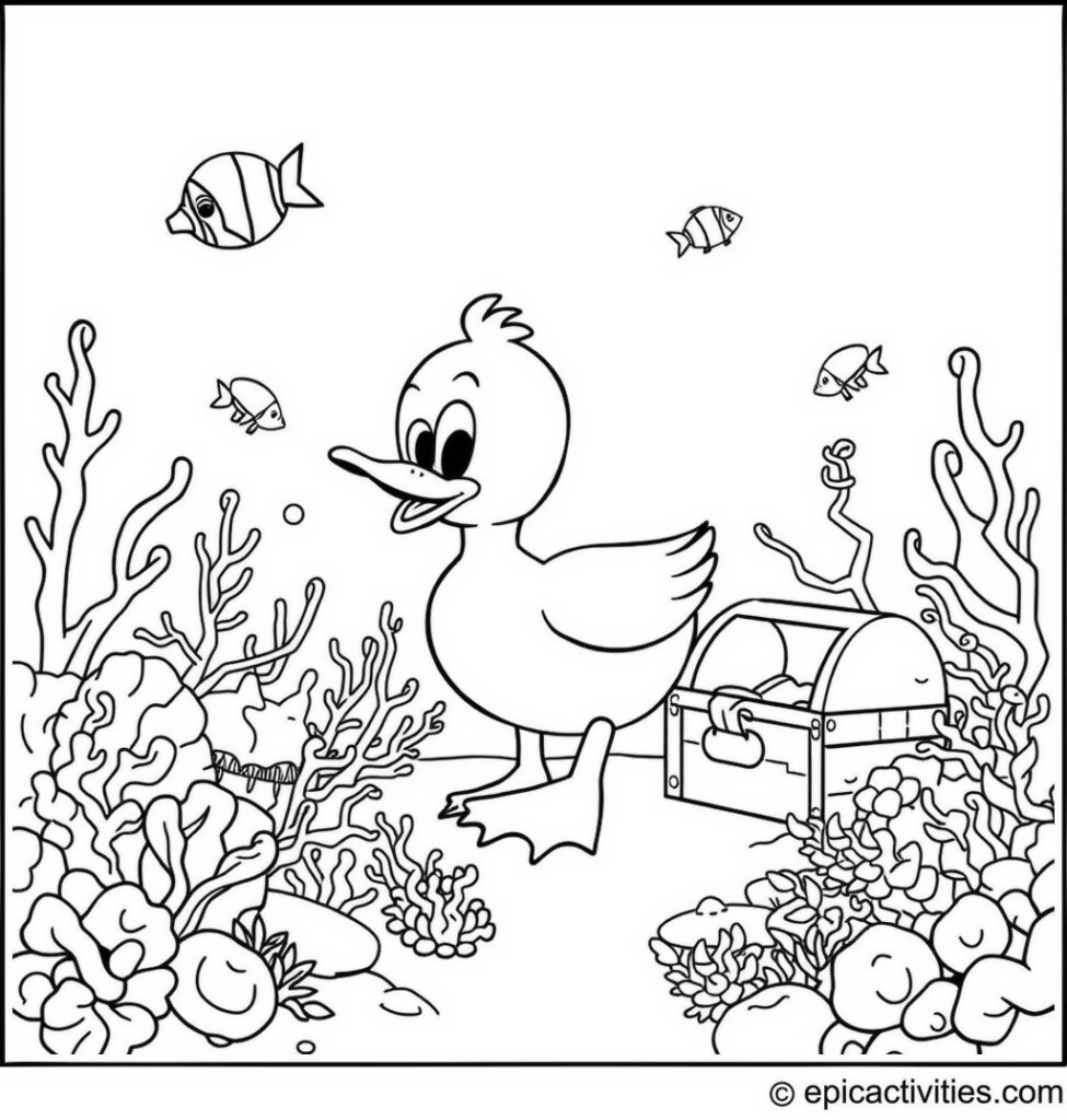Coloring page of a Cute Cartoon Duck Exploring an Underwater World