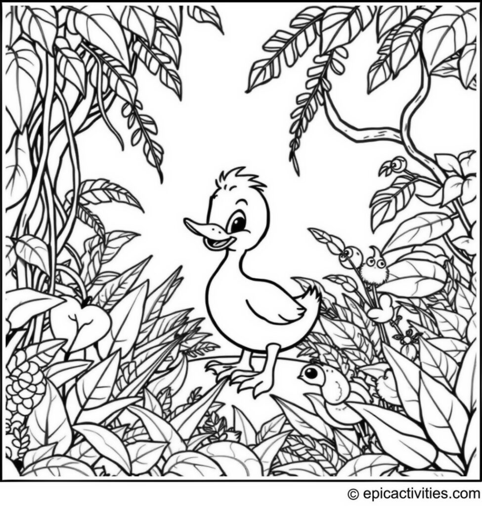 Coloring page of a cute cartoon duck exploring a dense jungle